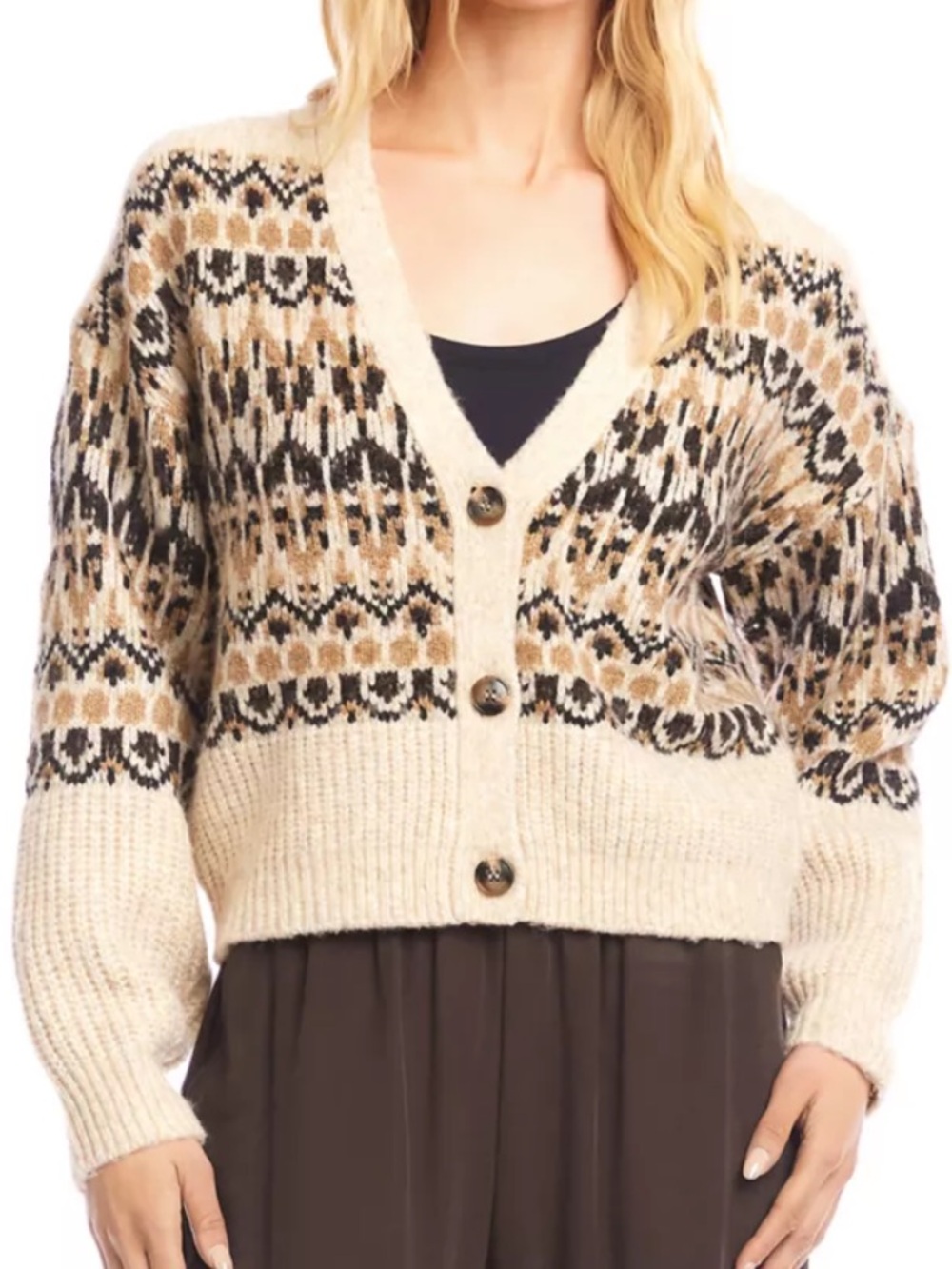 Steve Madden Raegan Fair Isle Cardigan NWT Cream & Brown Women’s Size Large